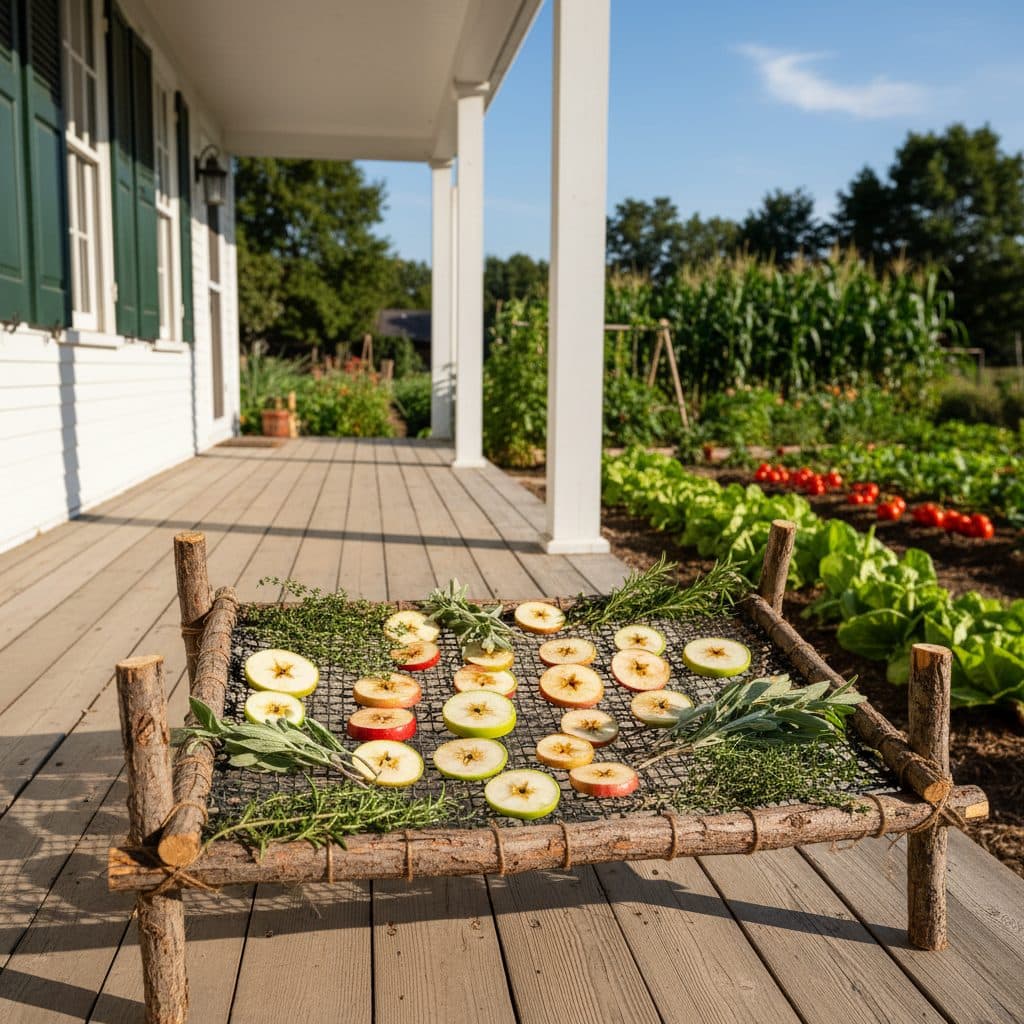 A rustic wooden drying rack full of sliced apples and herbs on a sun-drenched porch of a US homestead.
