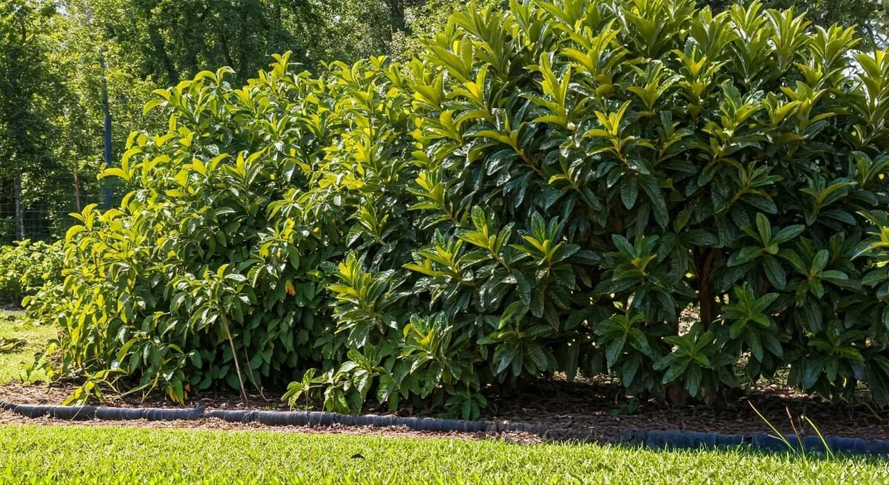 A vibrant edible hedge in a Southeast permaculture garden, showcasing loquats, pineapple guavas, and blackberries laden with fruit.