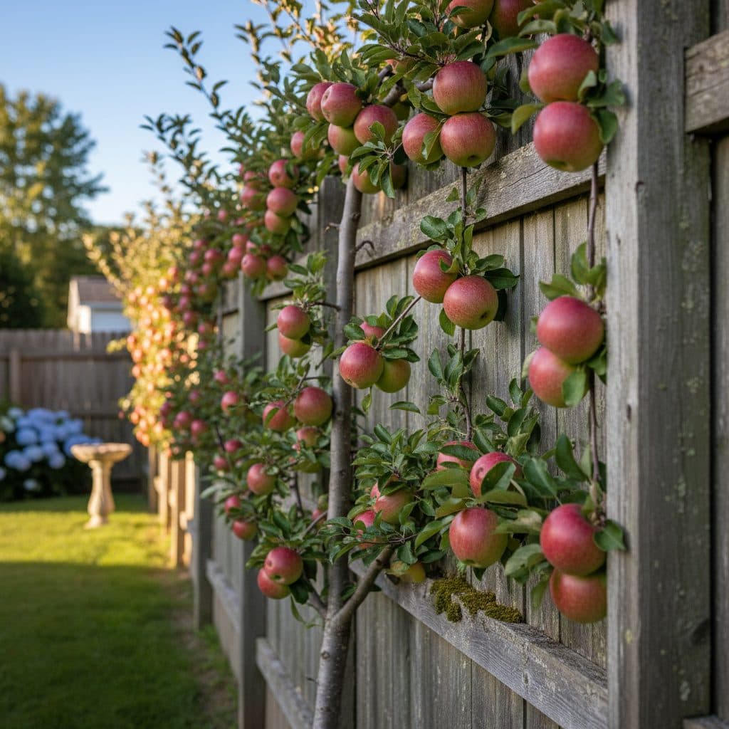 An espaliered apple tree with red apples growing flat against a wooden fence in a sunny backyard.