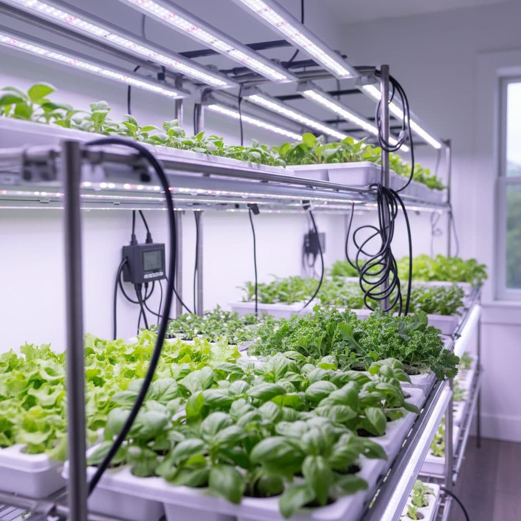 Healthy vegetable seedlings thriving under LED grow lights in an indoor seed-starting setup.