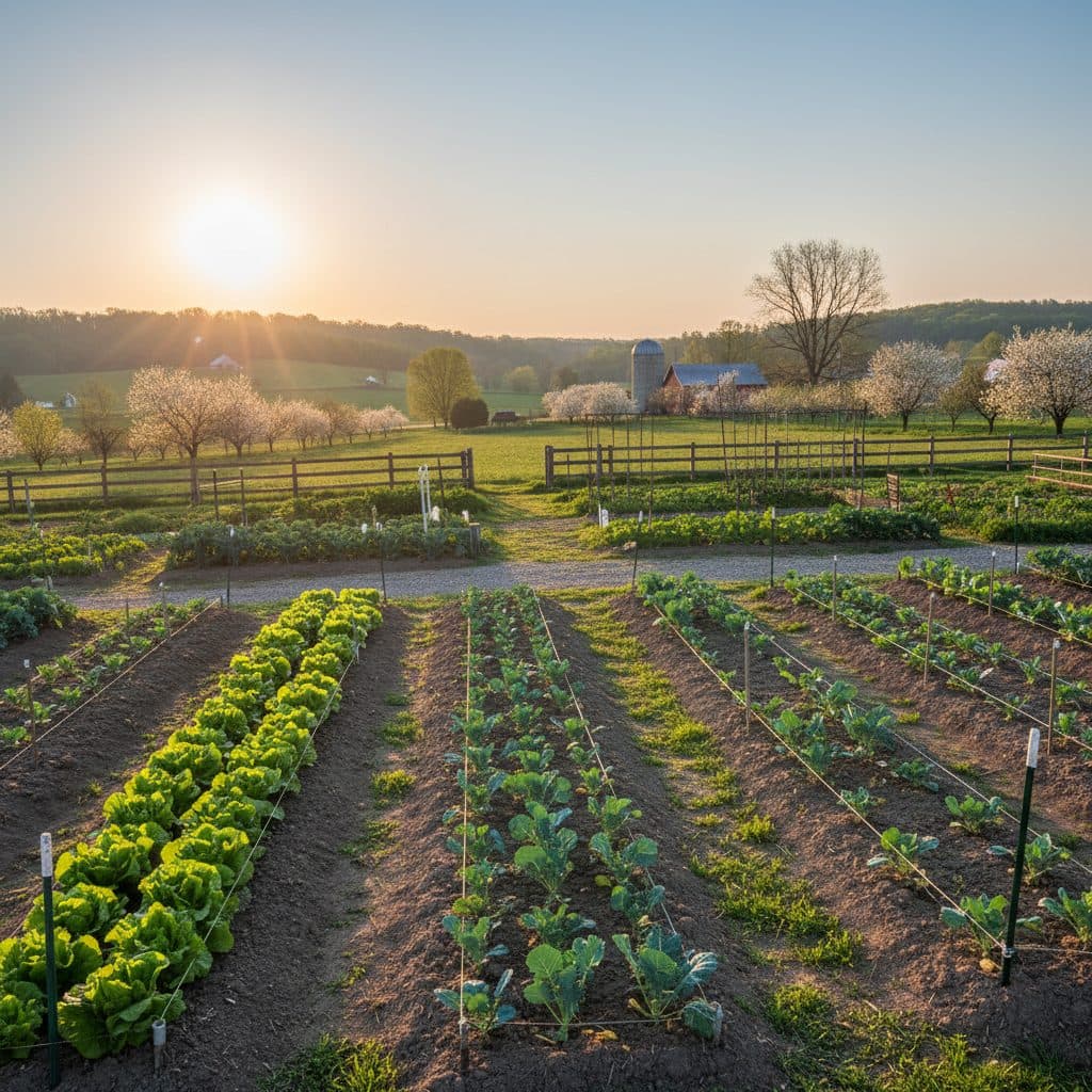 A well-maintained vegetable garden in early spring, with neat rows of young plants and some larger, established crops, bathed in soft morning light.
