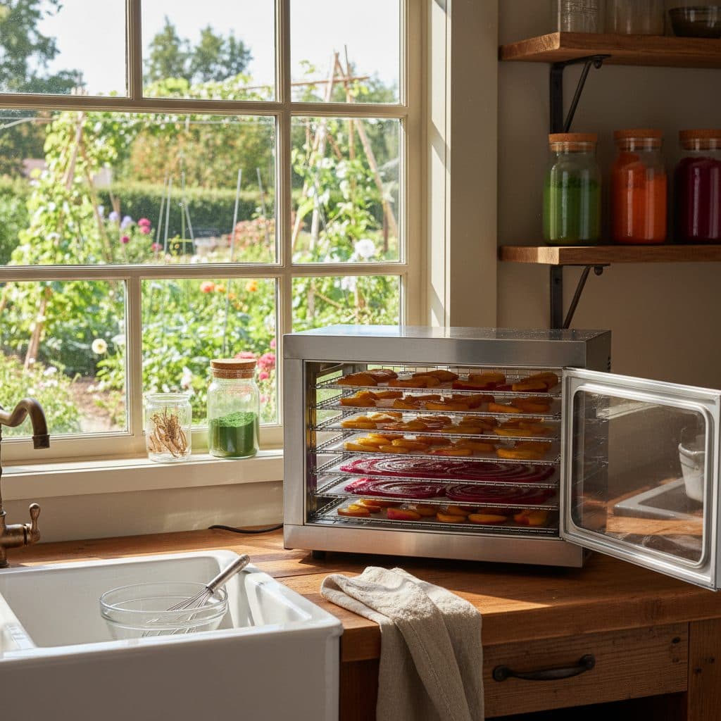 Homemade fruit leather and vegetable powders drying in a dehydrator on a rustic kitchen counter