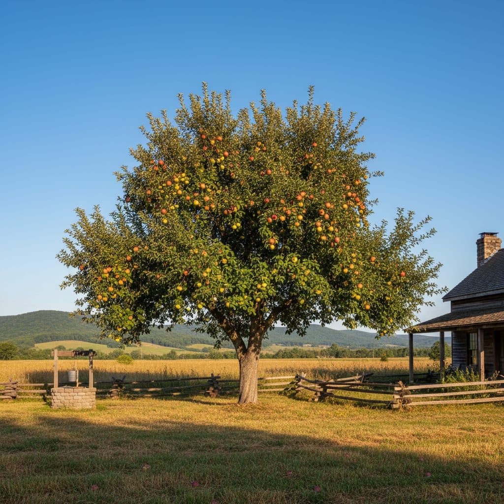 A beautiful, well-structured apple tree laden with red apples in a sunny home orchard.