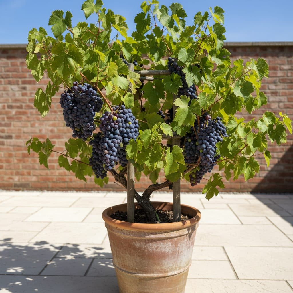 A 'Concord' grapevine growing in a large terracotta pot on a sunny patio, laden with ripening purple grapes.