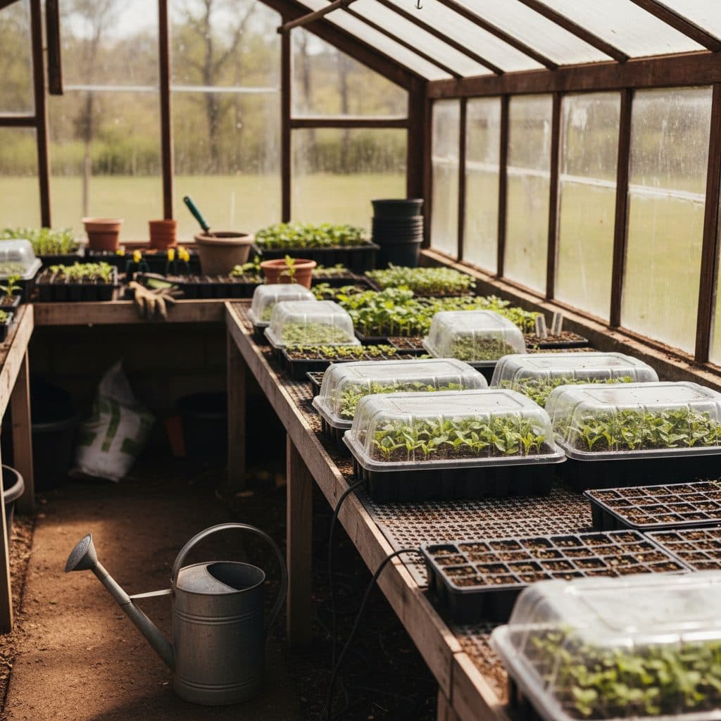 Seedling trays with heat mats and humidity domes inside a sunlit greenhouse, showcasing essential propagation tools.