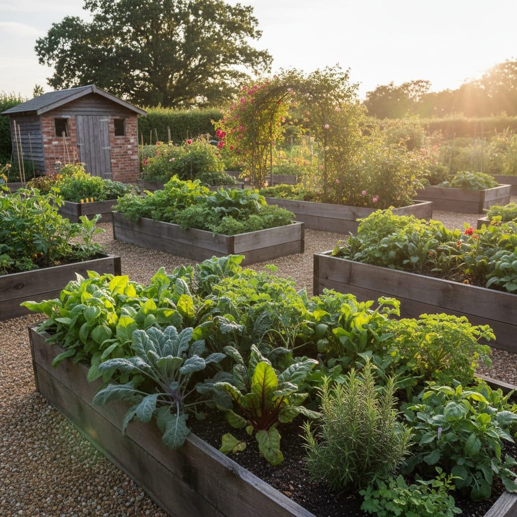 A vibrant vegetable garden thriving under a bright sun, with rows of healthy plants and rich soil, typical of a US homestead.