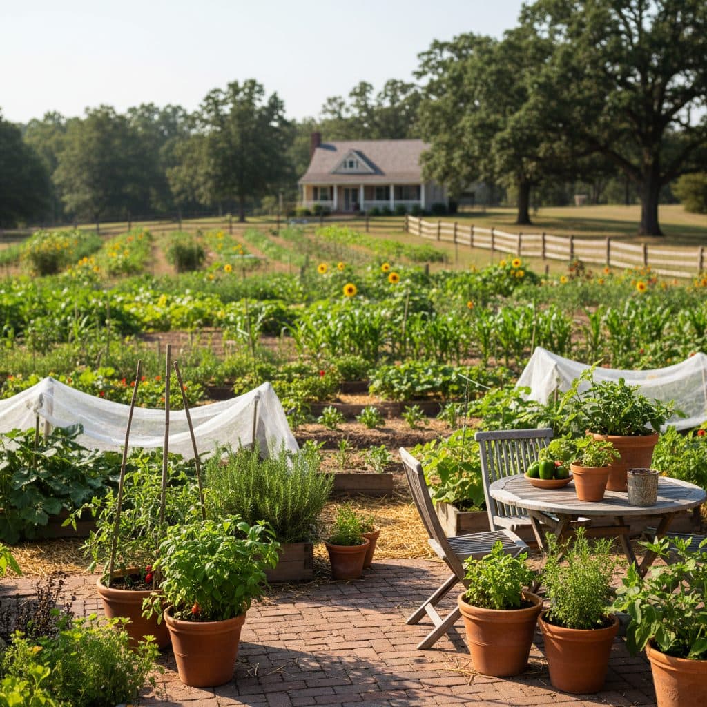A sunny patio on a US homestead with various container plants, including vegetables and herbs, some partially shaded.