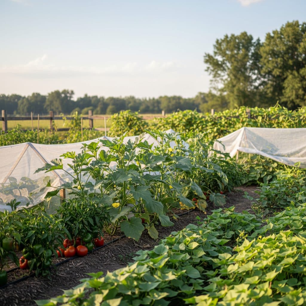 A productive Southern US garden with heat-tolerant crops like okra and sweet potatoes, partially shaded, thriving under summer sun.