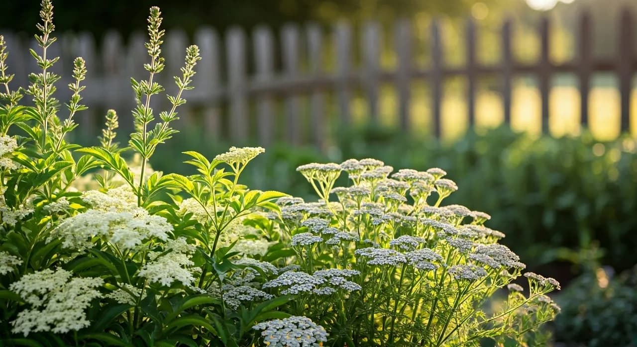 A flourishing backyard herb garden with elderflower, yarrow, and peppermint plants under a clear morning sky, ready for harvest.