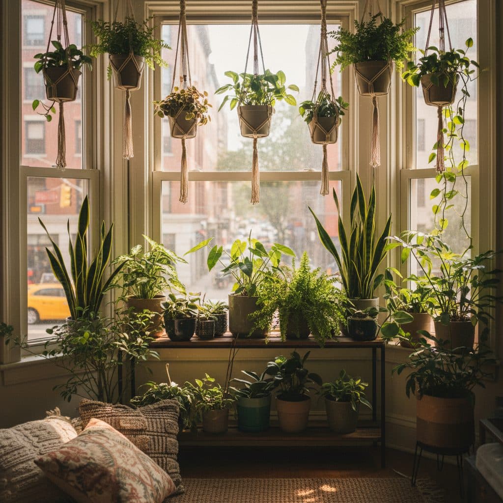 A vibrant collection of healthy houseplants basking in natural light from an apartment window.