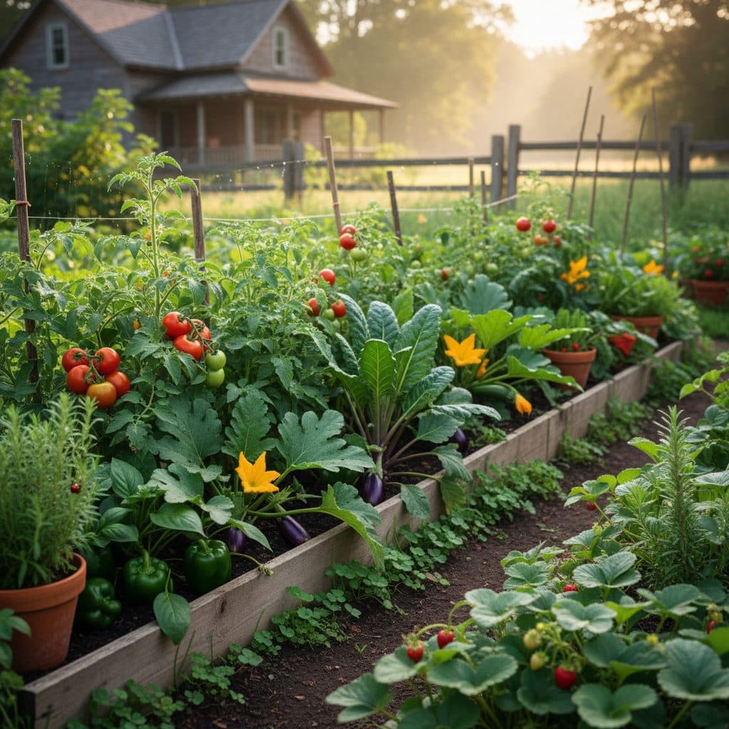 A vibrant home garden with various vegetables and flowers under soft morning light.