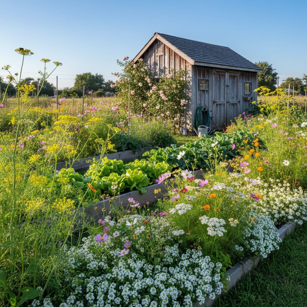 A vibrant North American homestead garden with rows of vegetables bordered by blooming insectary plants like white alyssum, tall dill, purple yarrow, and colorful cosmos under a clear sky.