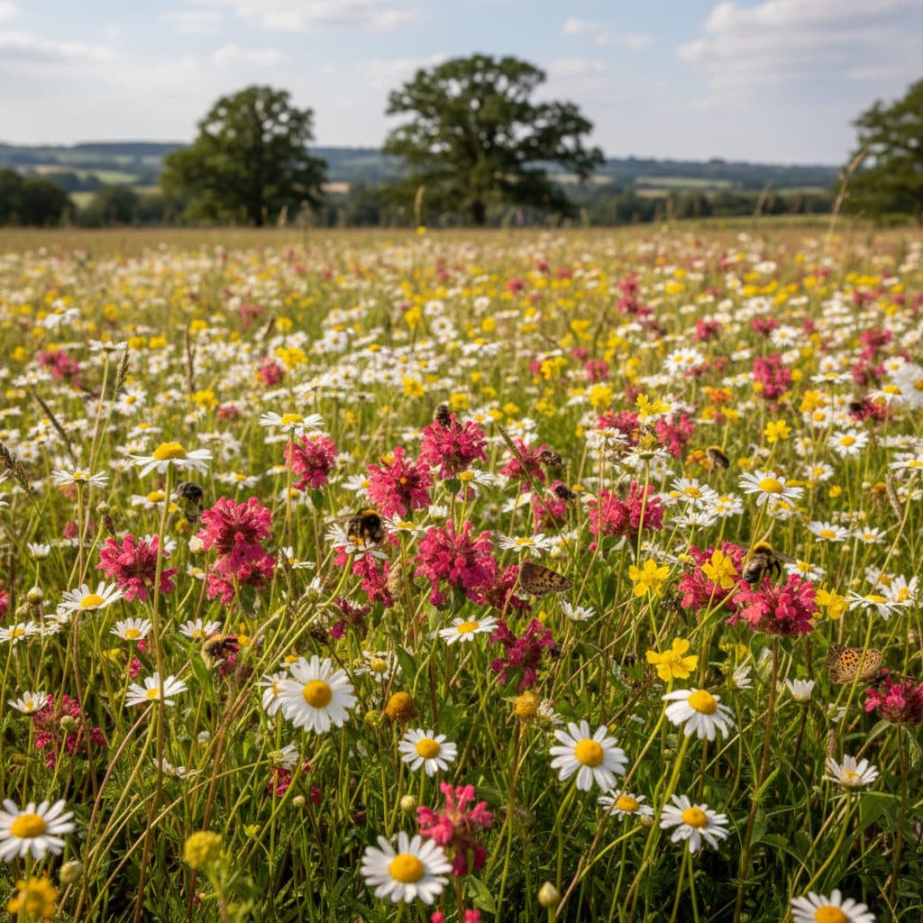 A sunlit British perennial wildflower meadow filled with oxeye daisies, red campion, and yellow rattle buzzing with native pollinators.