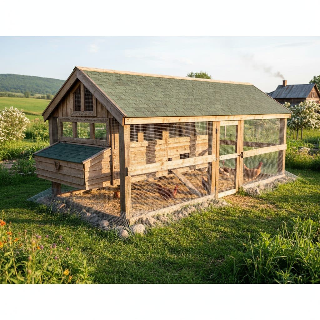 A heavy-duty wooden chicken coop and run fortified with 1/2-inch welded wire hardware cloth and an outward-laid predator apron on a green homestead.
