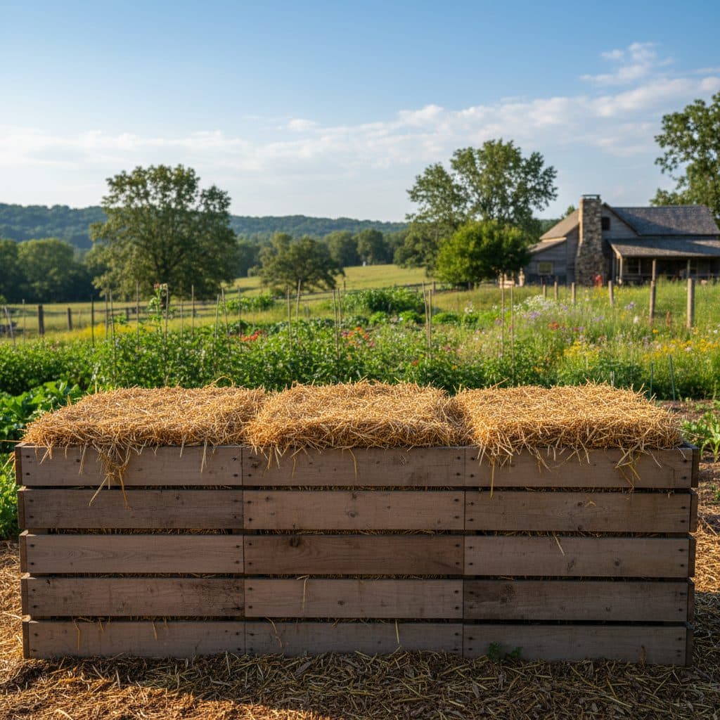 A well-maintained wooden three-bin outdoor composting system on a rural homestead covered with a thick clean straw biofilter cap.