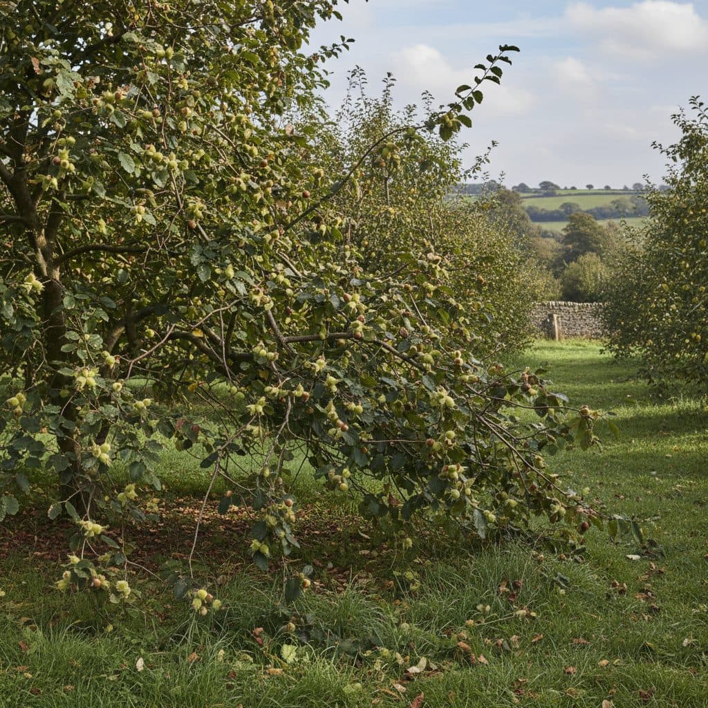 A mature Kentish cobnut hazel bush laden with clusters of ripe nuts in green husks in an English countryside orchard.