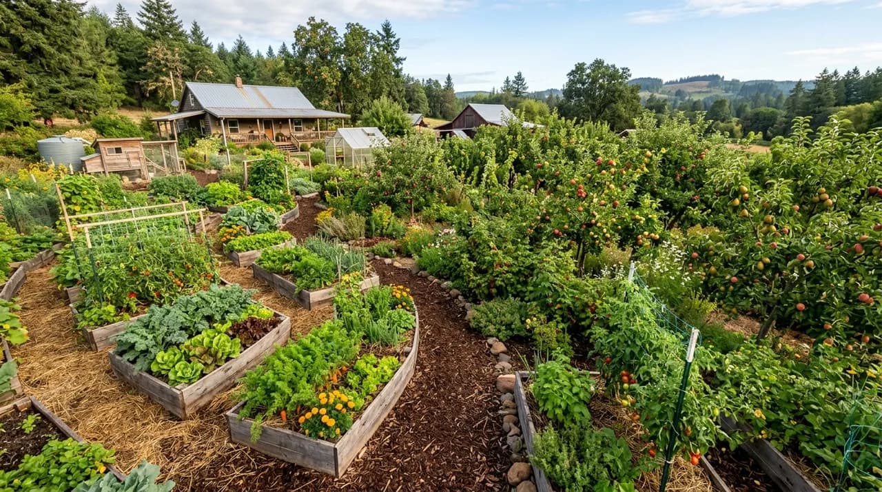 A productive permaculture homestead garden featuring curved timber raised beds with leafy greens, mulched walkways, companion flowers, and fruit-bearing trees under morning sunlight.