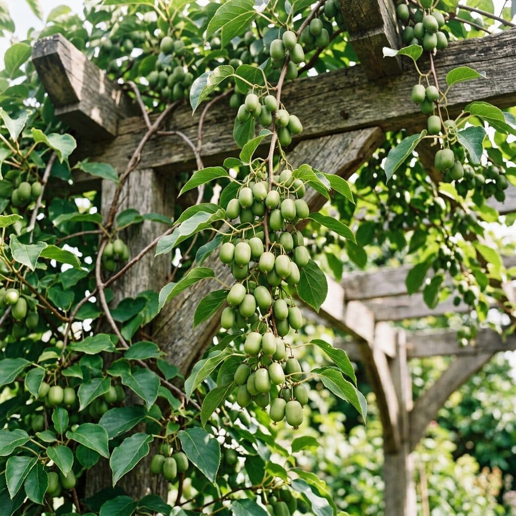 Clusters of smooth-skinned green hardy kiwi berries hanging from twining vines against a sturdy wooden pergola arbor.