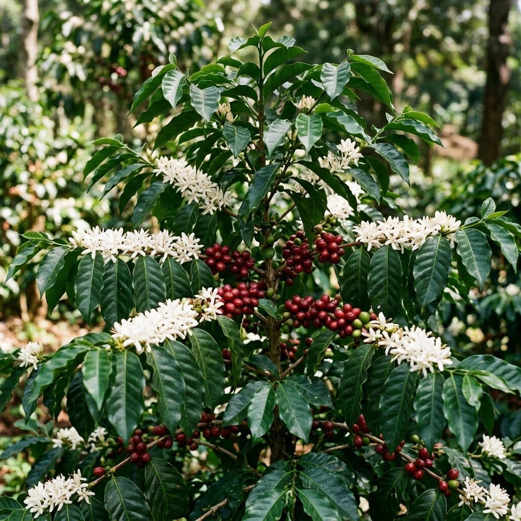 A glossy evergreen Arabica coffee shrub bearing dense clusters of fragrant white blossoms alongside ripe crimson coffee cherries on horizontal branches.