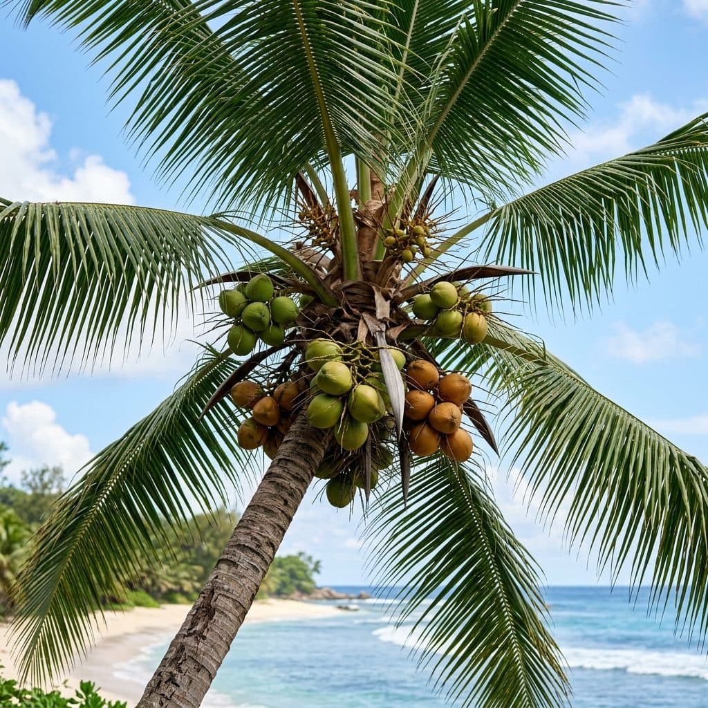 A tall coconut palm canopy bearing clusters of green and amber coconuts against a tropical coastal shoreline.