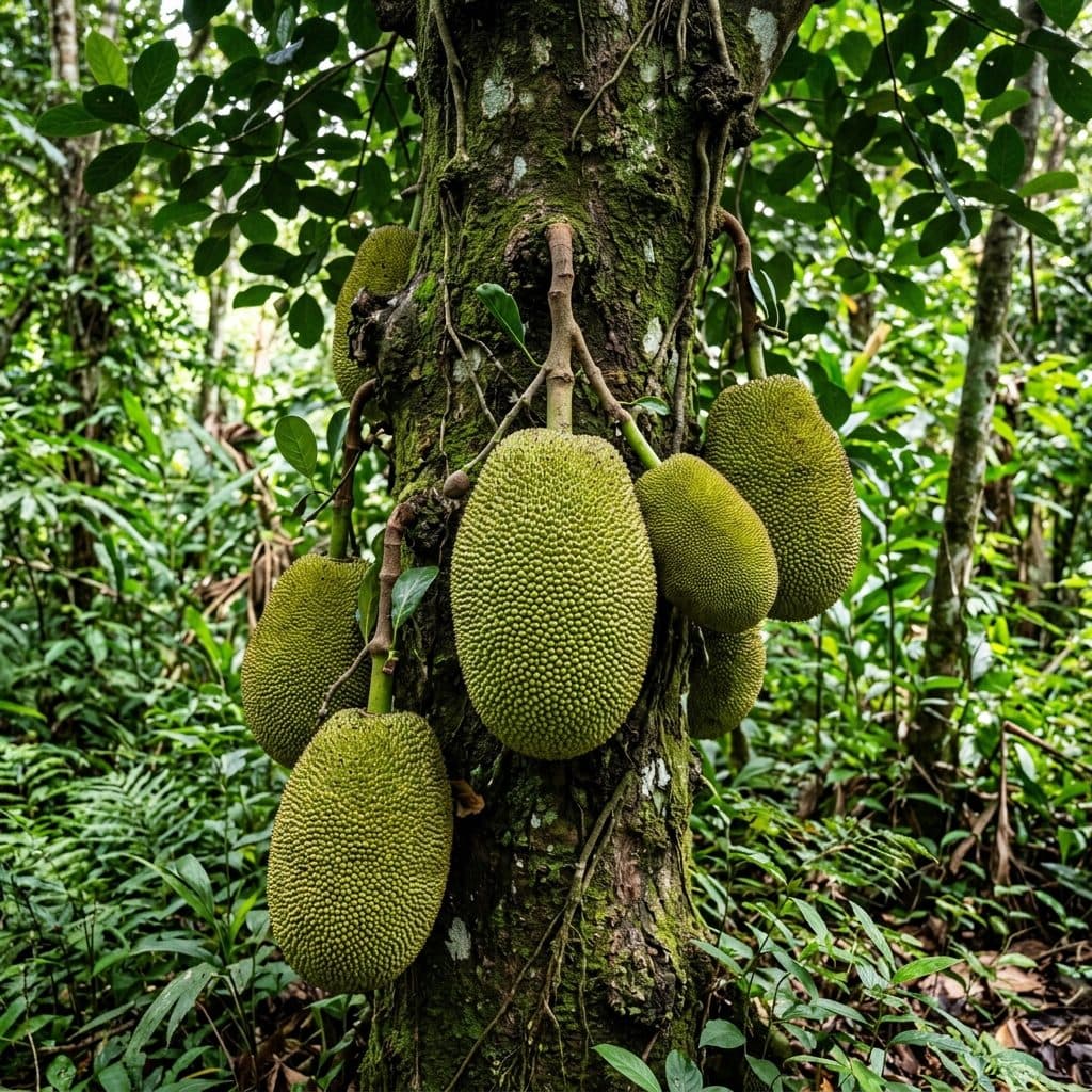 Massive oblong jackfruits with spiky green rinds hanging directly from the thick, mossy trunk of a mature Artocarpus heterophyllus tree in a lush food forest.