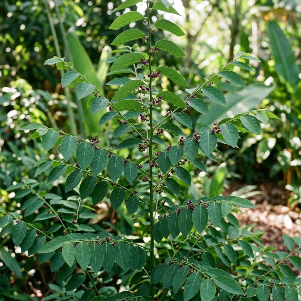 An upright katuk bush displaying slender green stems lined with alternate oval leaves and clusters of tiny dark purple flowers in a tropical food forest.