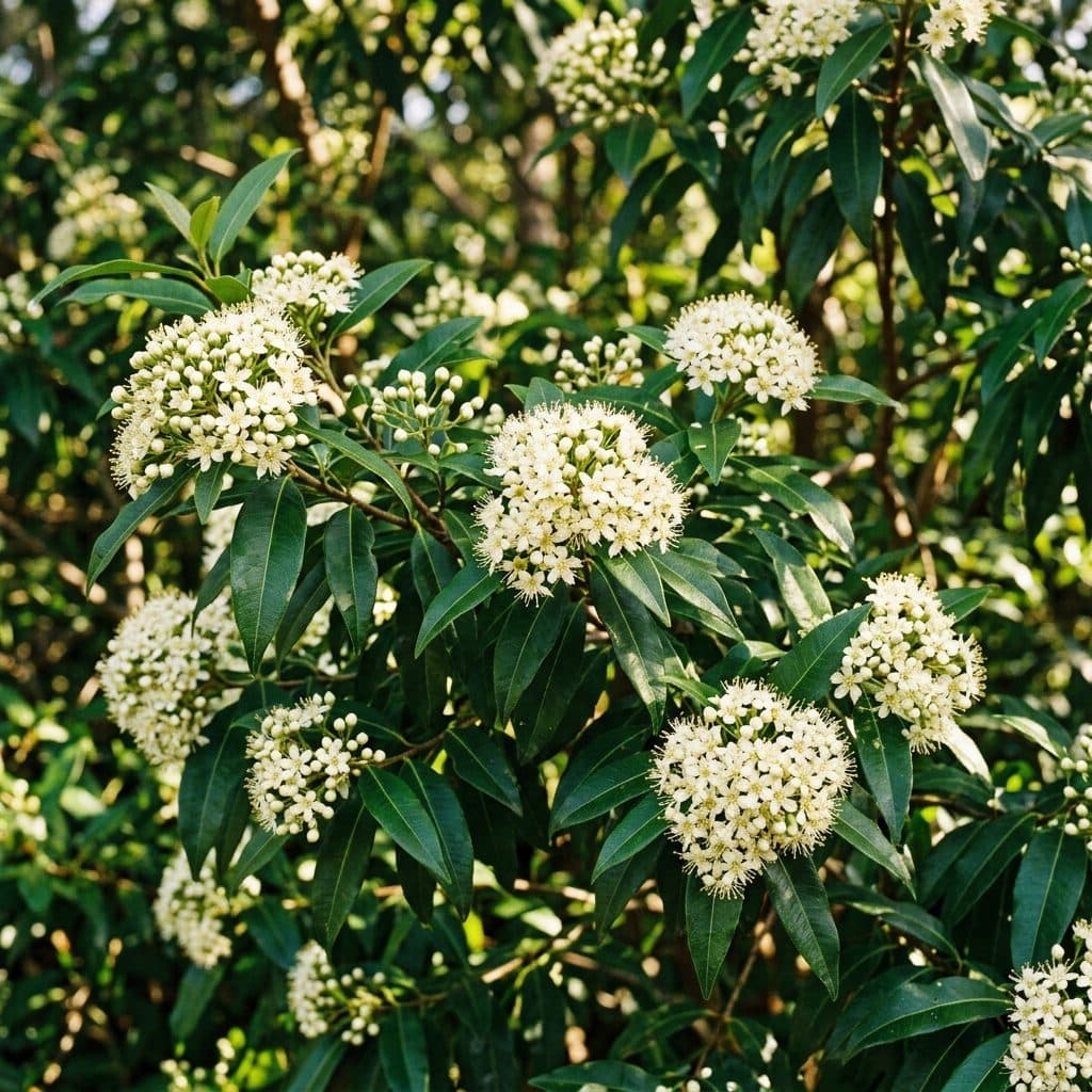 A flowering lemon myrtle tree laden with creamy white blossom clusters against dark glossy green lanceolate foliage in warm sunlight.