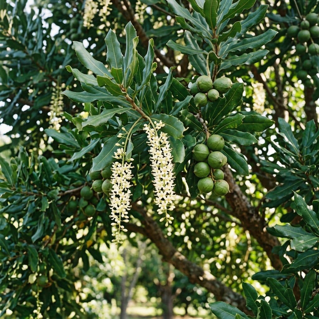 A spreading Australian macadamia tree bearing pendulous racemes of cream flowers alongside clusters of green husked nuts on leathery-leaved branches.
