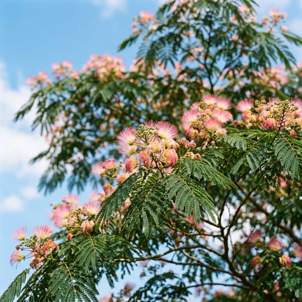 A spreading mimosa silk tree in full summer bloom displaying feathery bipinnate foliage and fragrant pink pompon flowers against a bright blue sky.