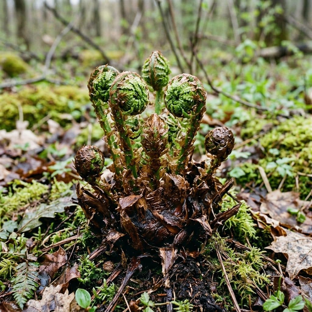 Tightly curled green ostrich fern fiddleheads covered in papery brown scales emerging from a woody crown on a damp, mossy forest floor in spring.