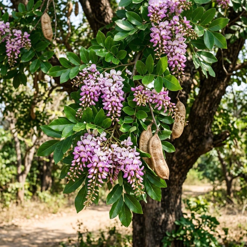 A mature Pongamia pinnata tree showcasing glossy pinnate foliage, pendant racemes of lilac-pink pea-like blossoms, and thick woody seed pods in a sunny landscape.