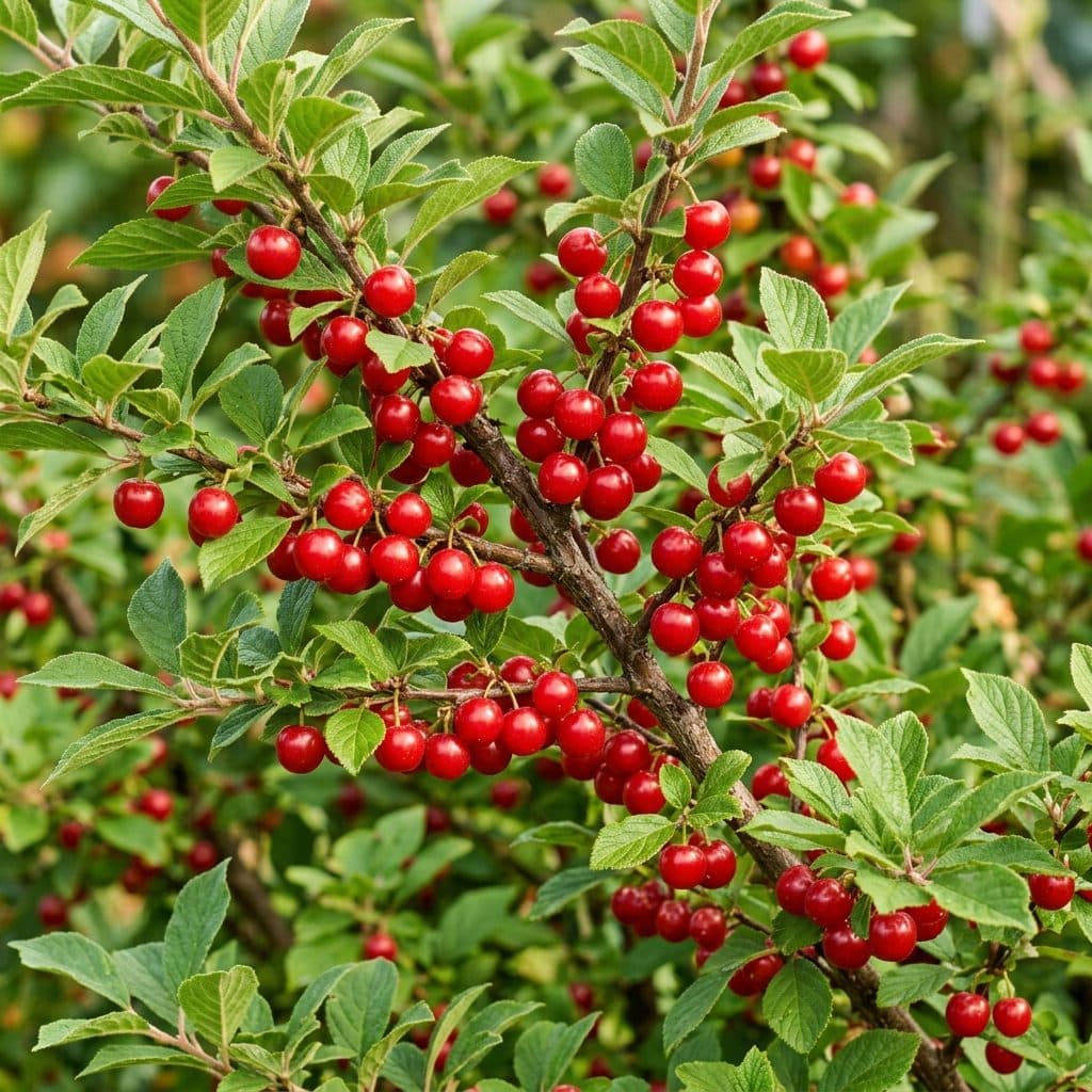 Profuse clusters of bright red Nanking cherries clinging closely to the woody branches of a leafy garden bush in midsummer.