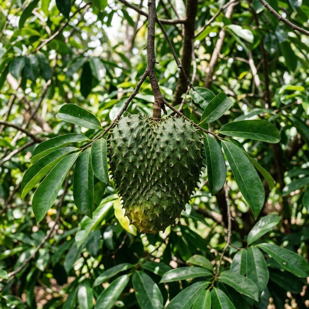 A ripening soursop fruit with dark green skin and soft fleshy spines hanging from the slender trunk of an Annona muricata tree among glossy foliage.