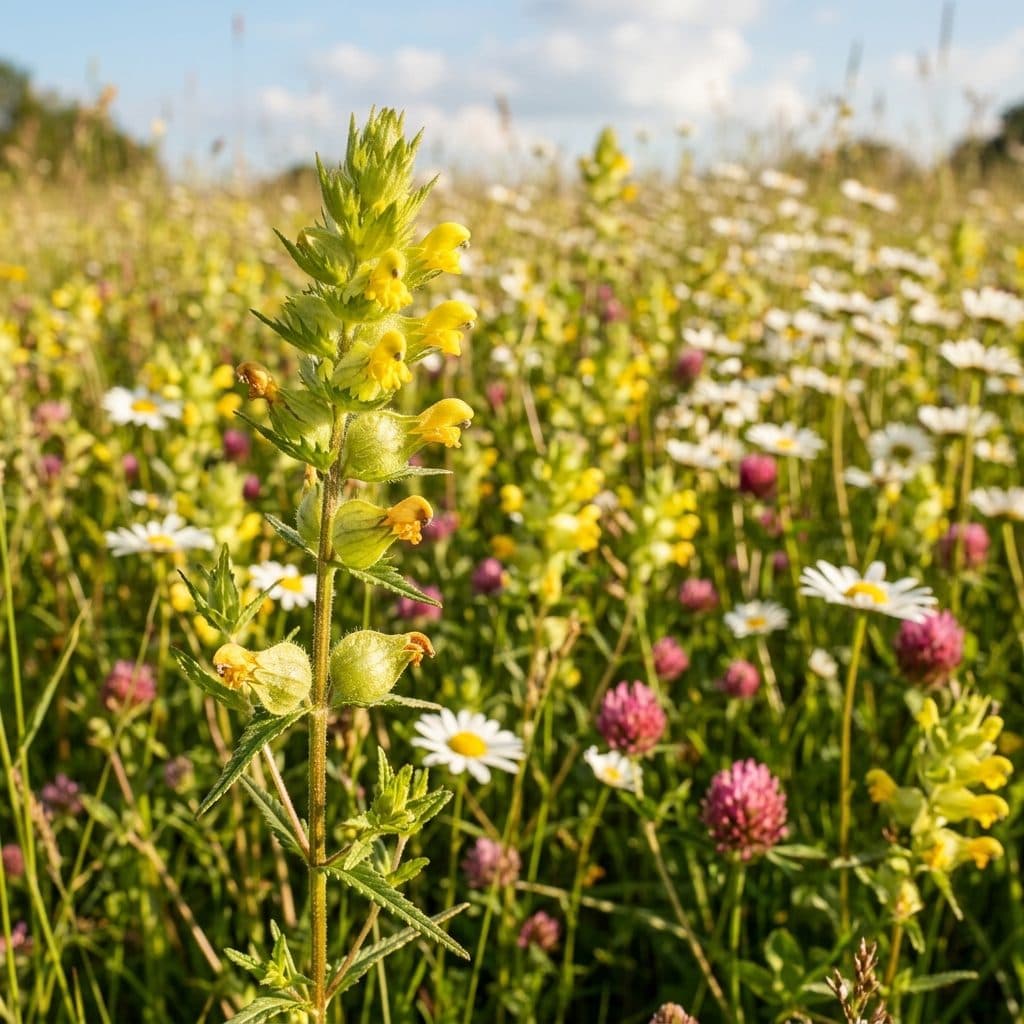 A traditional summer hay meadow filled with flowering yellow rattle spikes, oxeye daisies, and red clover beneath warm sunshine.