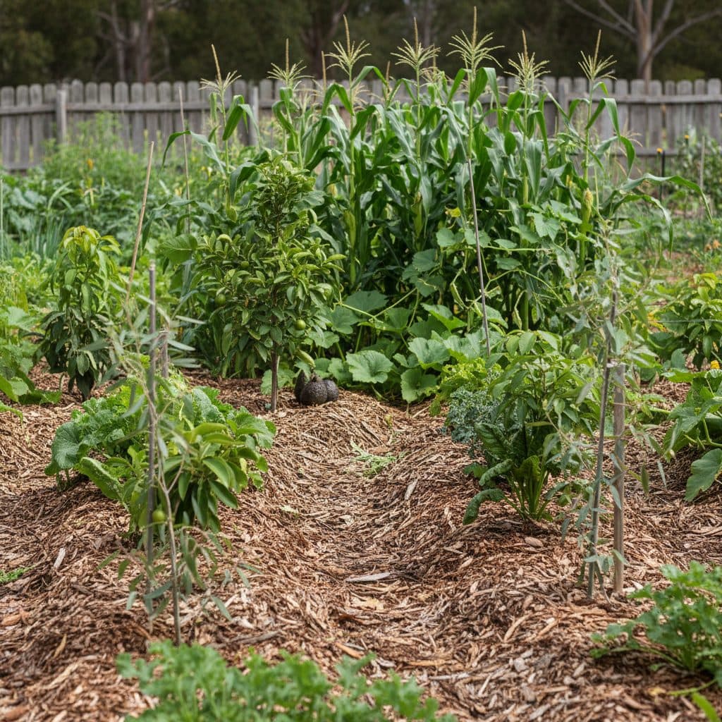 A small-scale syntropic farming garden bed featuring densely interplanted eucalyptus, fruit trees, corn, and thick woodchip mulch rows.