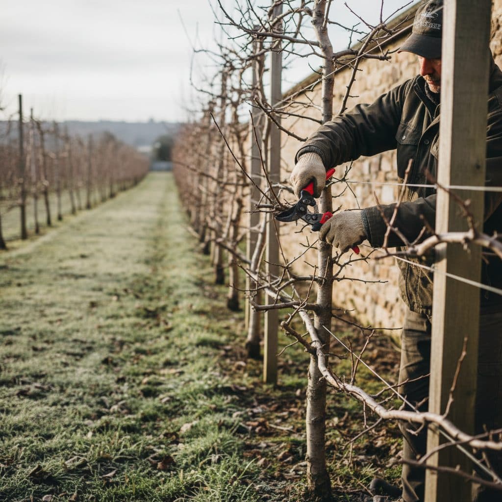 A gardener using sharp bypass secateurs to prune an apple tree on an orchard espalier frame during Australian winter dormancy.