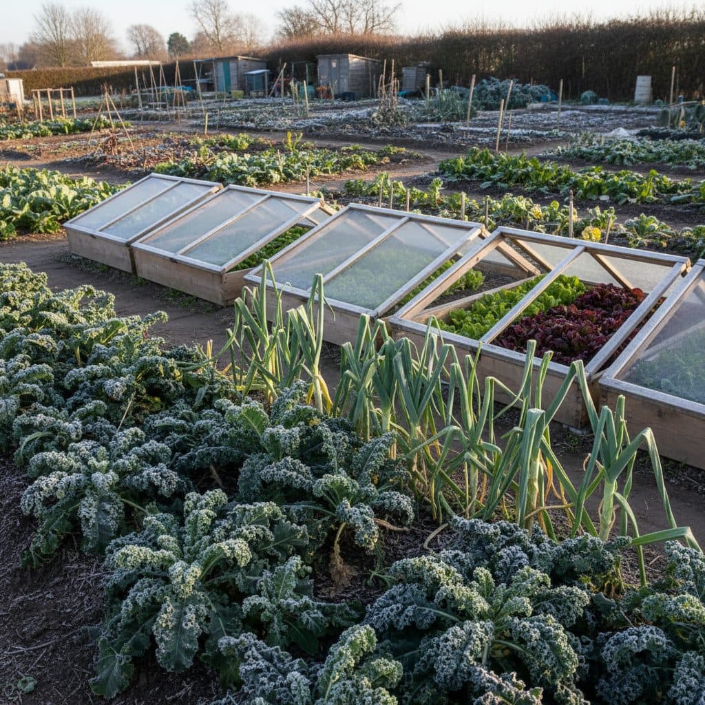 A productive UK allotment garden in winter featuring lush rows of curly kale, winter leeks, and cold frames protecting hardy salad greens under frost.