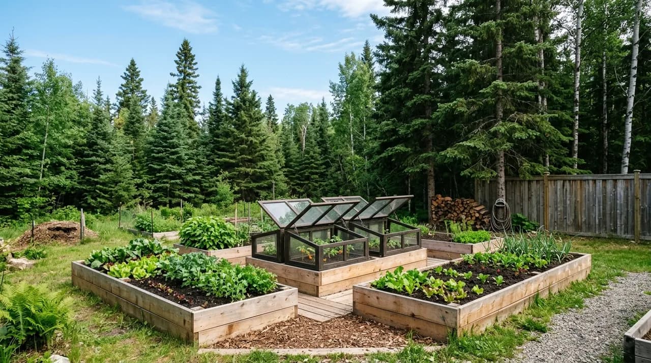 A cold-climate Canadian backyard vegetable garden in early summer featuring raised cedar beds and glass cold frames surrounded by pine trees.