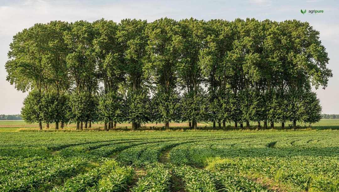 A tall multi-row windbreak of trees sheltering a green field of crops from wind, with open sky beyond