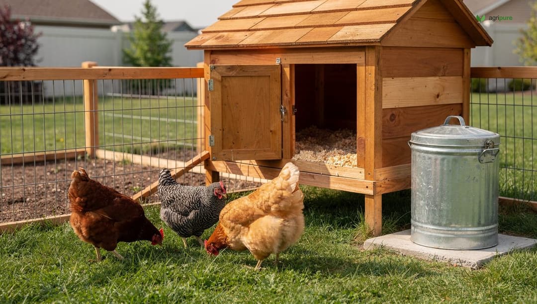 A clean wooden backyard chicken coop with dry bedding, a sealed feed bin, and a few hens in a tidy fenced run on a residential lot