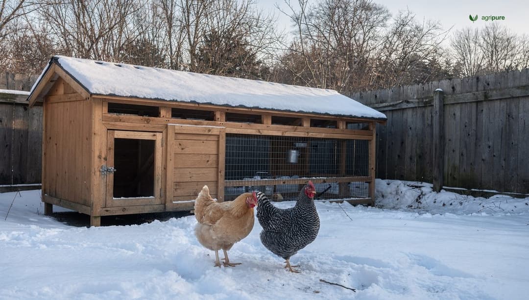 A snow-dusted backyard chicken coop in winter with hens on the ground, vents open near the roofline and the run sheltered from wind