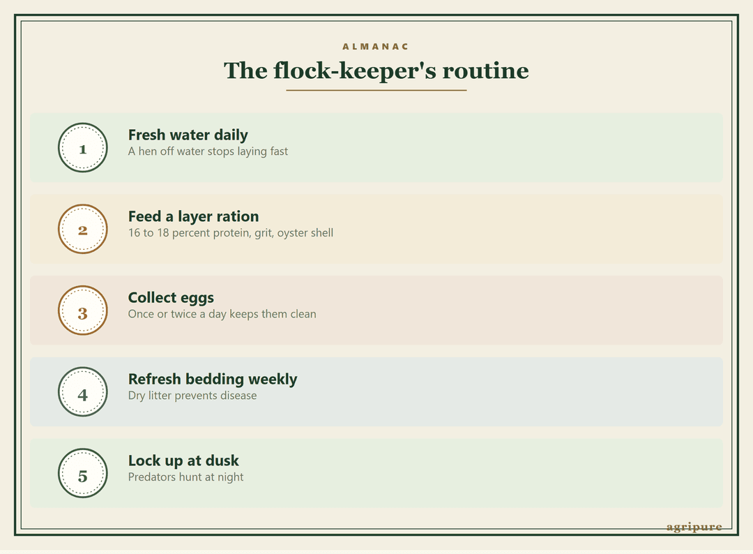 Five daily and weekly chicken chores: fresh water daily, layer feed with grit and oyster shell, collect eggs, refresh bedding, and lock up at dusk