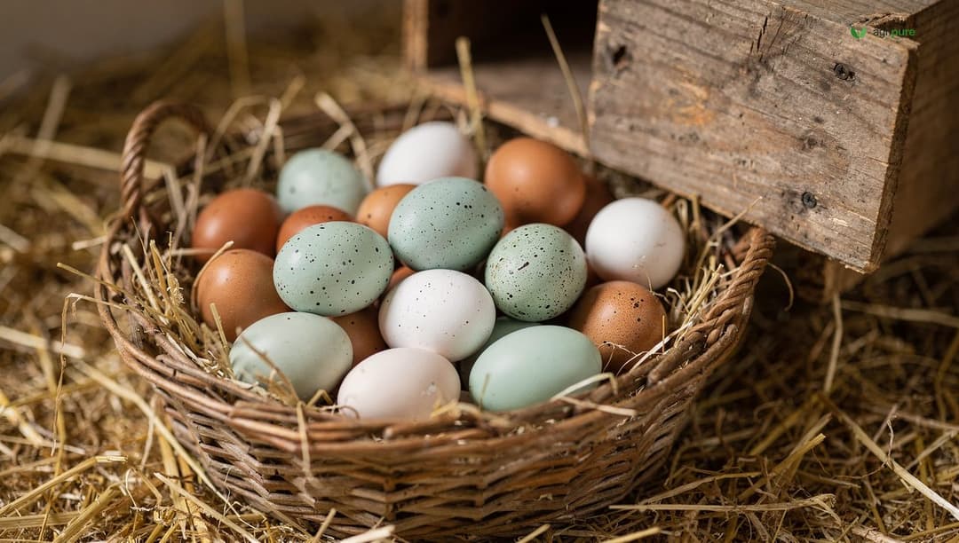 A basket of fresh brown, white, and blue-green eggs resting on straw beside an open nesting box