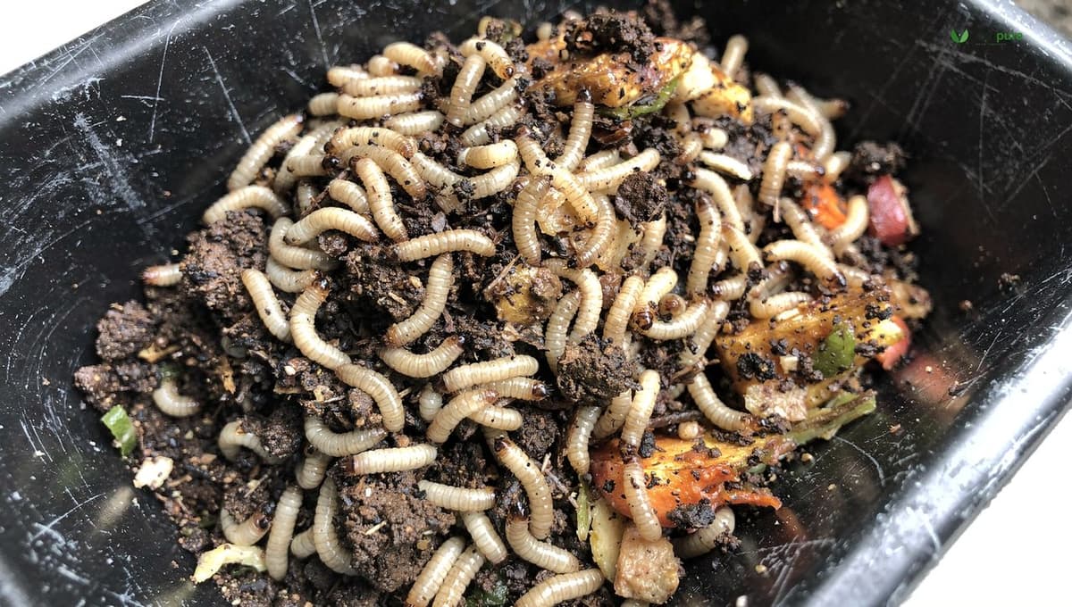 A close view of a dense mass of pale black soldier fly larvae working through dark, moist kitchen scraps and coffee grounds in a composting tray
