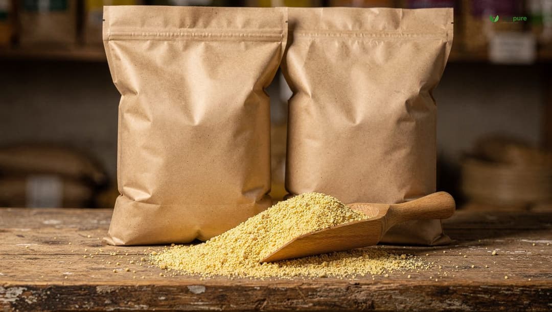 Two paper feed sacks of chick starter crumble side by side on a wooden farm-store shelf, one labeled medicated and one non-medicated, with a scoop of crumble in front