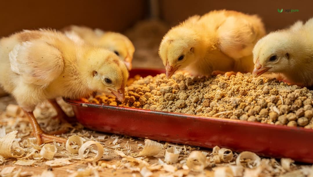 Close-up of pale golden chick starter crumble feed in a shallow red trough feeder with several day-old chicks pecking at it on wood-shaving bedding