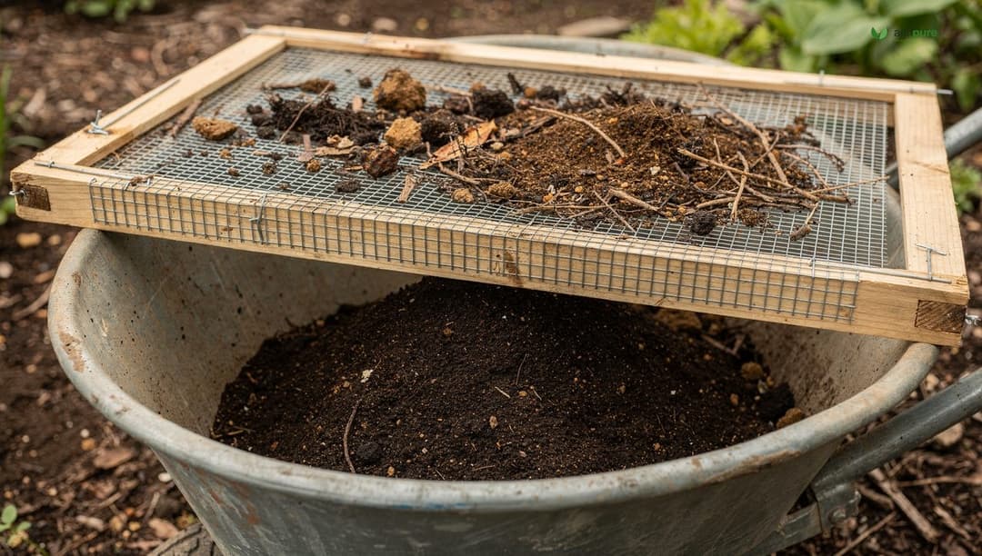 A homemade compost screen of half-inch hardware cloth in a simple wood frame resting across a wheelbarrow, dark sifted compost below and coarse chunks held on top, no people