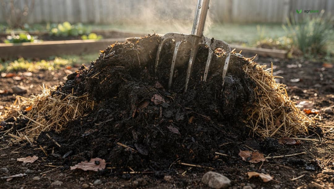 A dark, wet, compacted compost pile being opened with a garden fork, slightly slumped and dense, with drier brown straw at the edges, no people