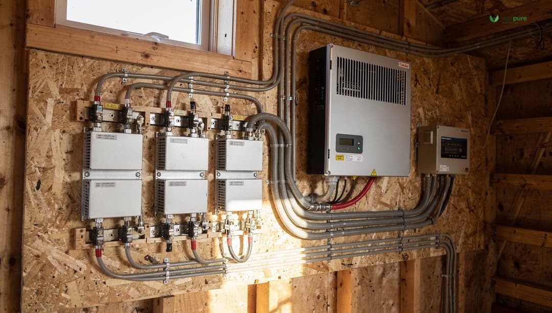 Inside an off-grid cabin: a wall-mounted 48V battery bank, MPPT charge controller, hybrid inverter, neat conduit and DC fuses
