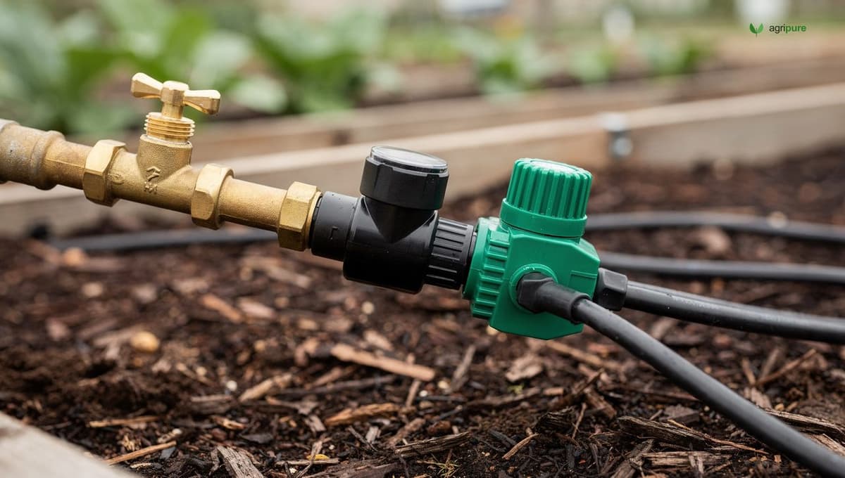 A drip irrigation manifold at a garden bed: a hose-thread backflow preventer, a Y-filter, and a pressure regulator feeding poly tubing into raised beds